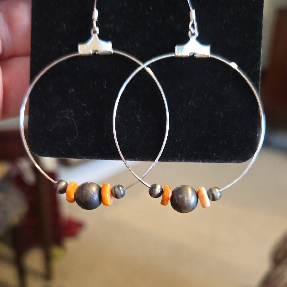 Sterling Silver and Orange Spiney Hoop Earrings